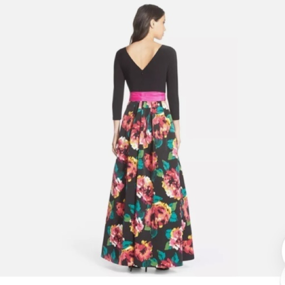 Eliza J Marlow Black 3/4 Length Sleeve Floral Scoop Neck Gown Size 2 Bow Modest - Picture 2 of 16